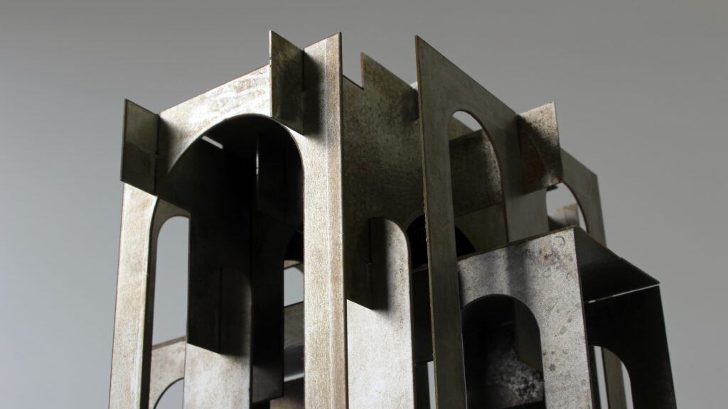 Assembled steel sheet metal sculpture